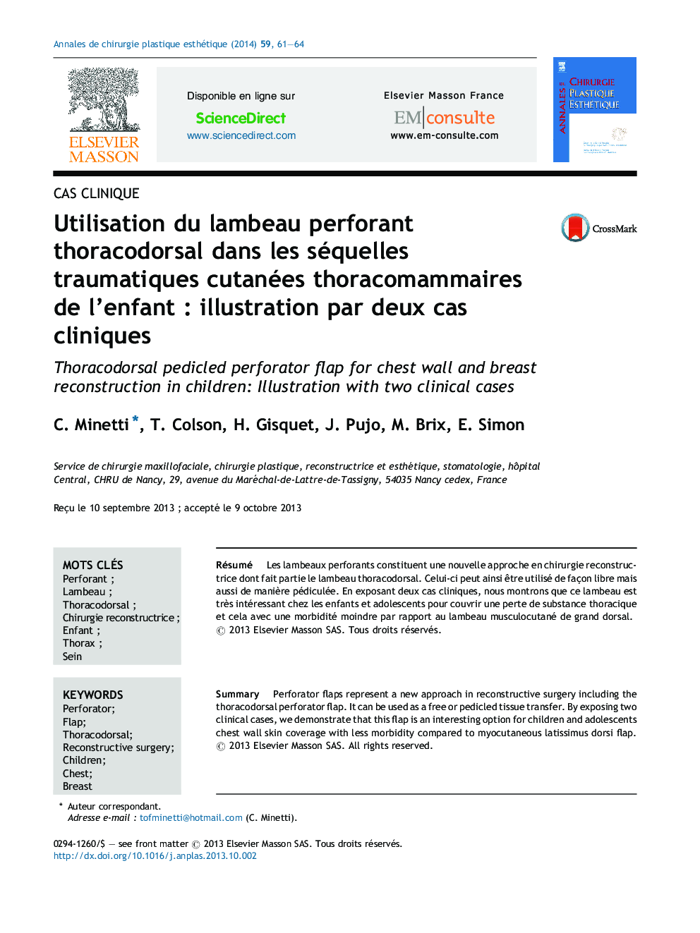 Utilisation du lambeau perforant thoracodorsal dans les séquelles traumatiques cutanées thoracomammaires de l’enfant : illustration par deux cas cliniques