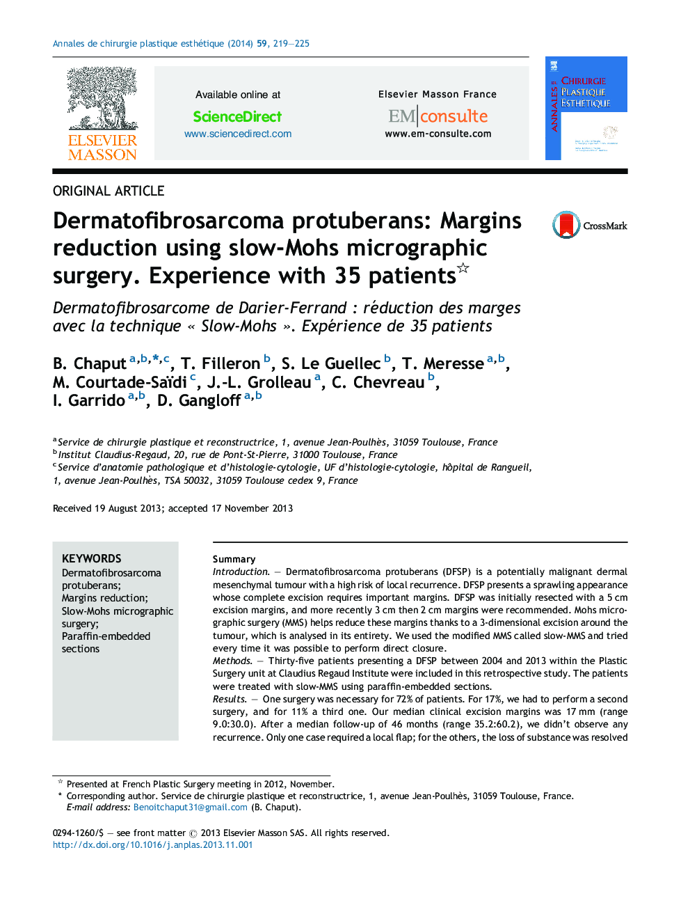 Dermatofibrosarcoma protuberans: Margins reduction using slow-Mohs micrographic surgery. Experience with 35 patients 