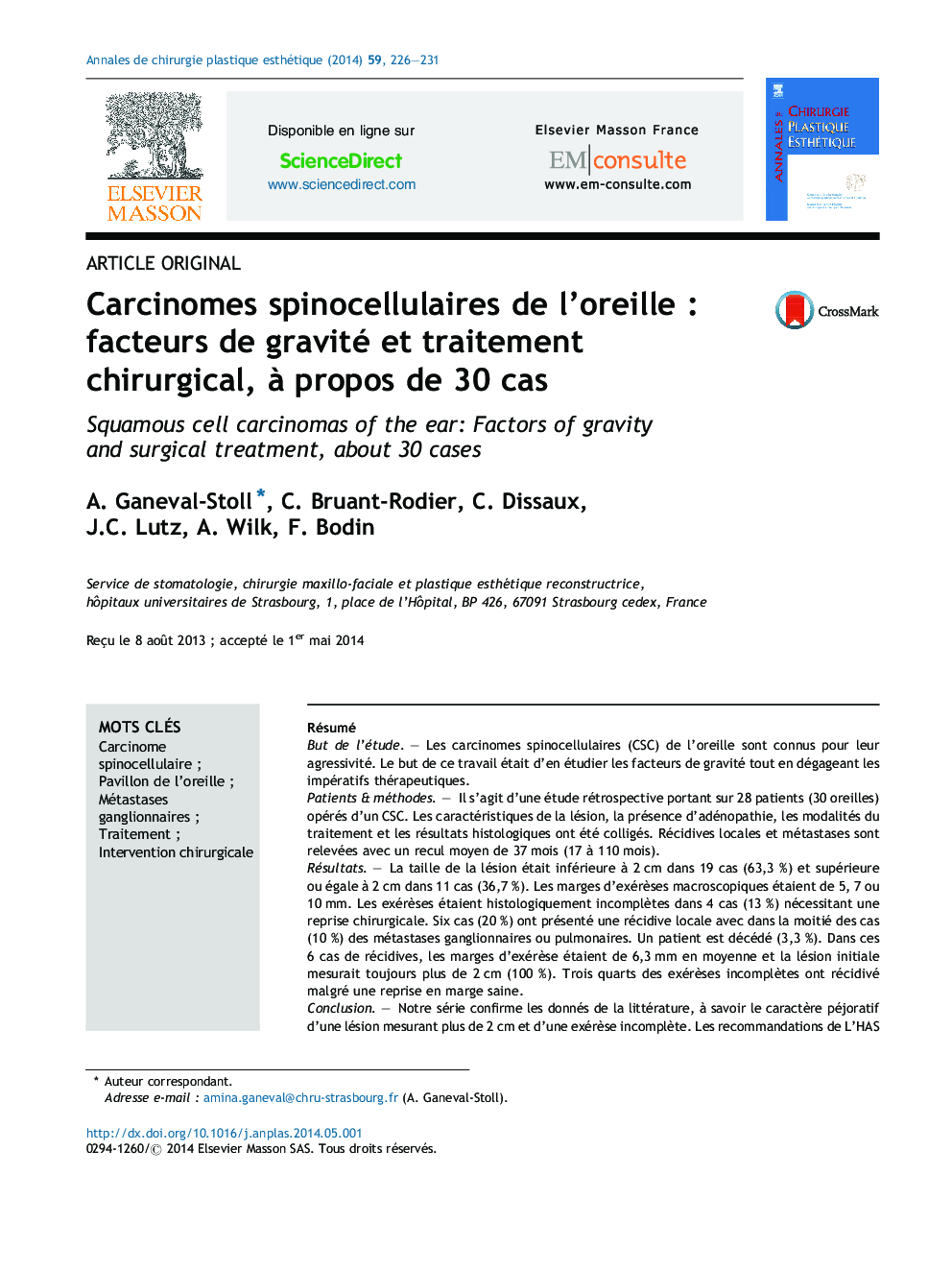 Carcinomes spinocellulaires de l’oreille : facteurs de gravité et traitement chirurgical, à propos de 30 cas