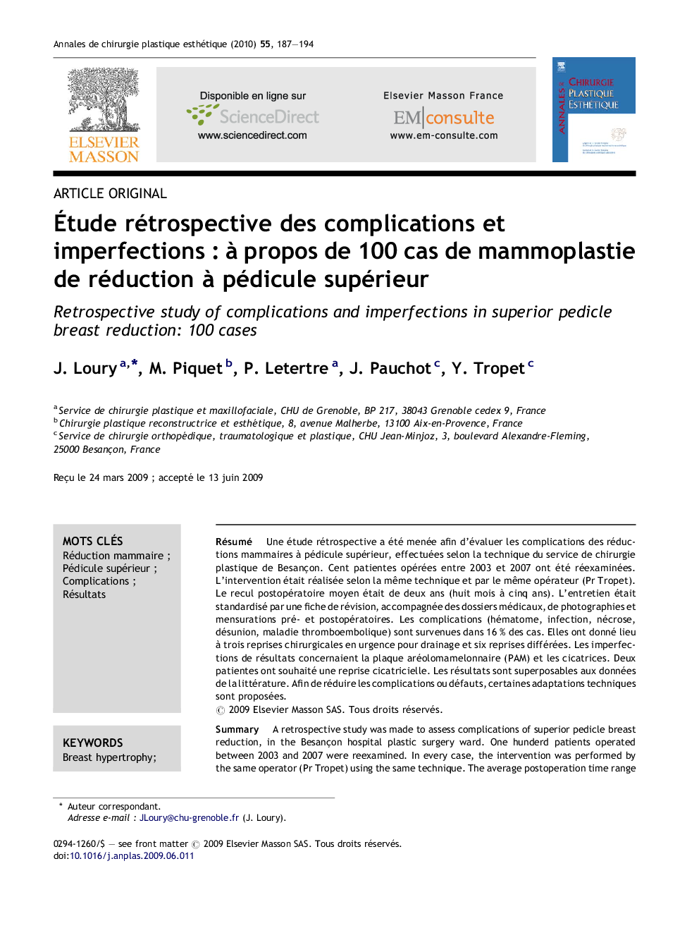 Étude rétrospective des complications et imperfections : à propos de 100 cas de mammoplastie de réduction à pédicule supérieur