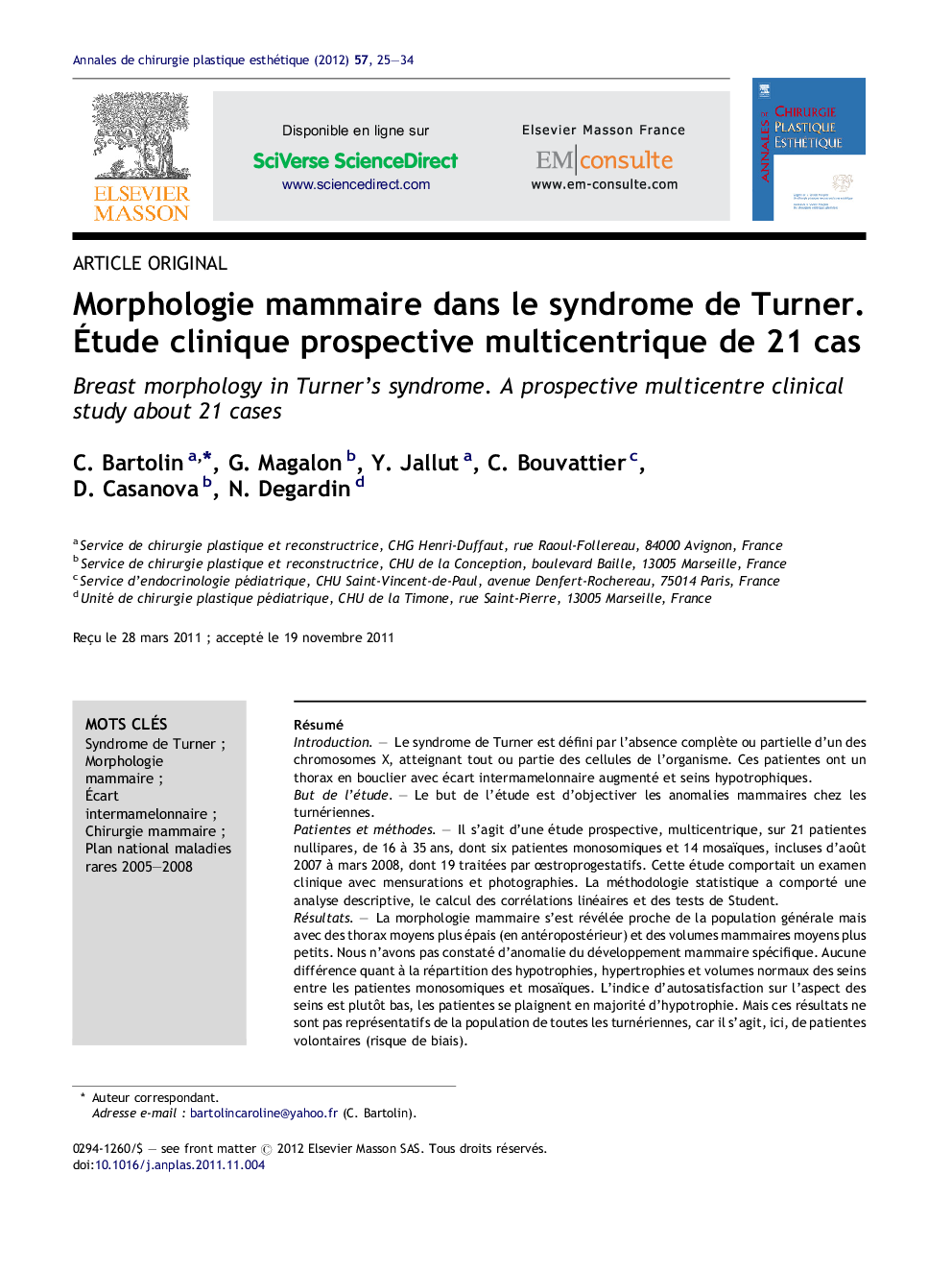 Morphologie mammaire dans le syndrome de Turner. Étude clinique prospective multicentrique de 21 cas