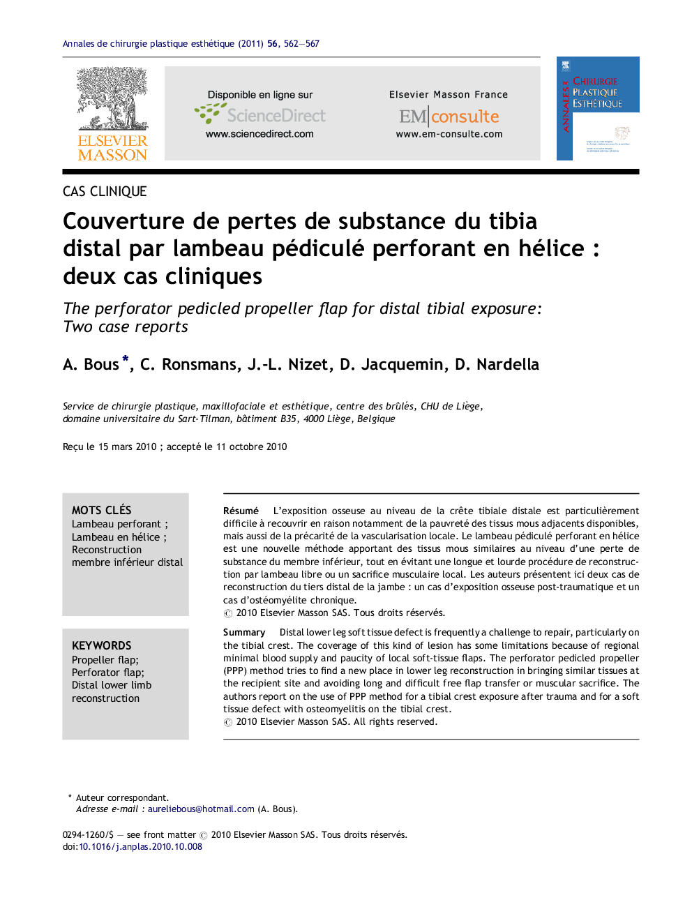 Couverture de pertes de substance du tibia distal par lambeau pédiculé perforant en hélice : deux cas cliniques