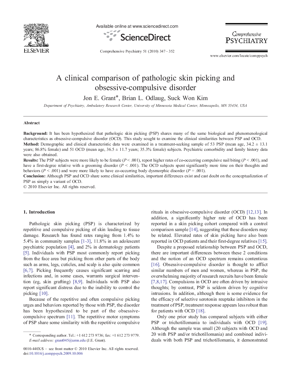 A clinical comparison of pathologic skin picking and obsessive-compulsive disorder