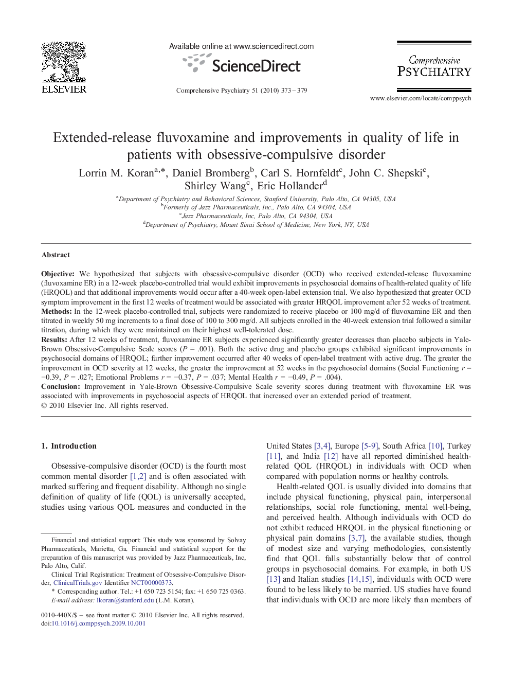Extended-release fluvoxamine and improvements in quality of life in patients with obsessive-compulsive disorder 