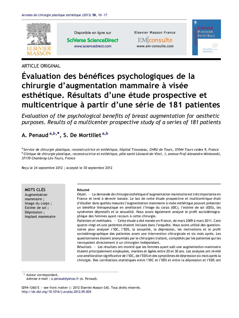 Évaluation des bénéfices psychologiques de la chirurgie d’augmentation mammaire à visée esthétique. Résultats d’une étude prospective et multicentrique à partir d’une série de 181 patientes