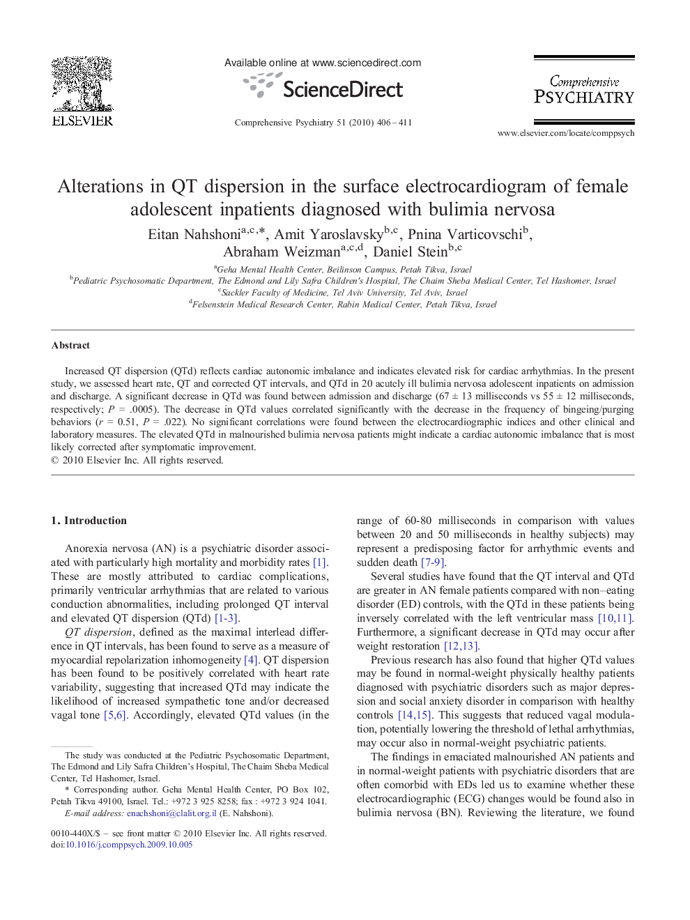 Alterations in QT dispersion in the surface electrocardiogram of female adolescent inpatients diagnosed with bulimia nervosa 