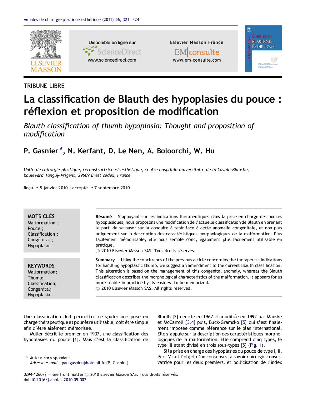 La classification de Blauth des hypoplasies du pouce : réflexion et proposition de modification