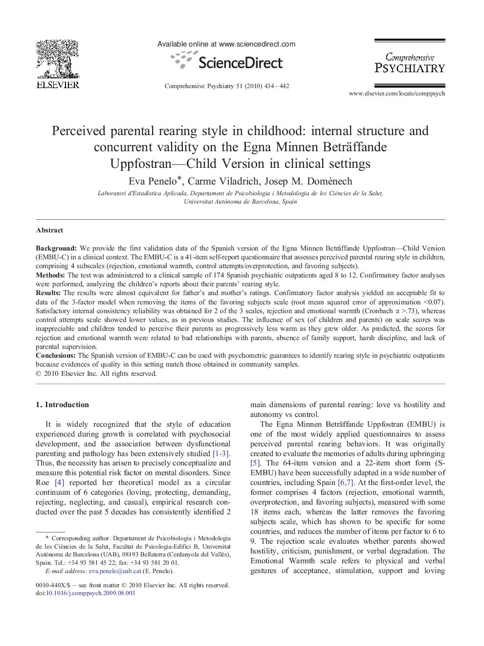 Perceived parental rearing style in childhood: internal structure and concurrent validity on the Egna Minnen Beträffande Uppfostran—Child Version in clinical settings