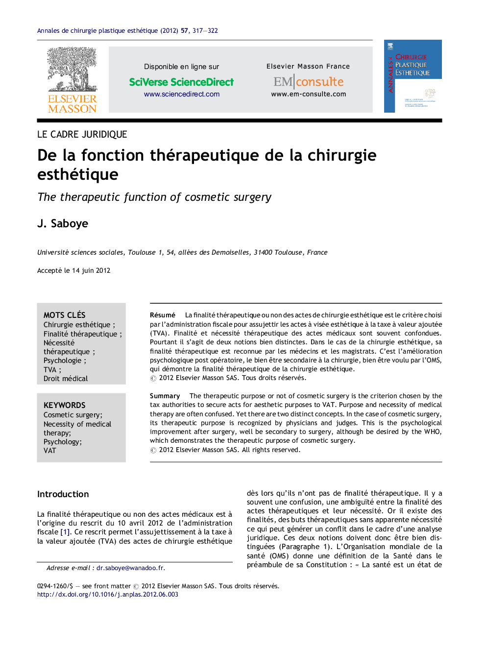 De la fonction thérapeutique de la chirurgie esthétique