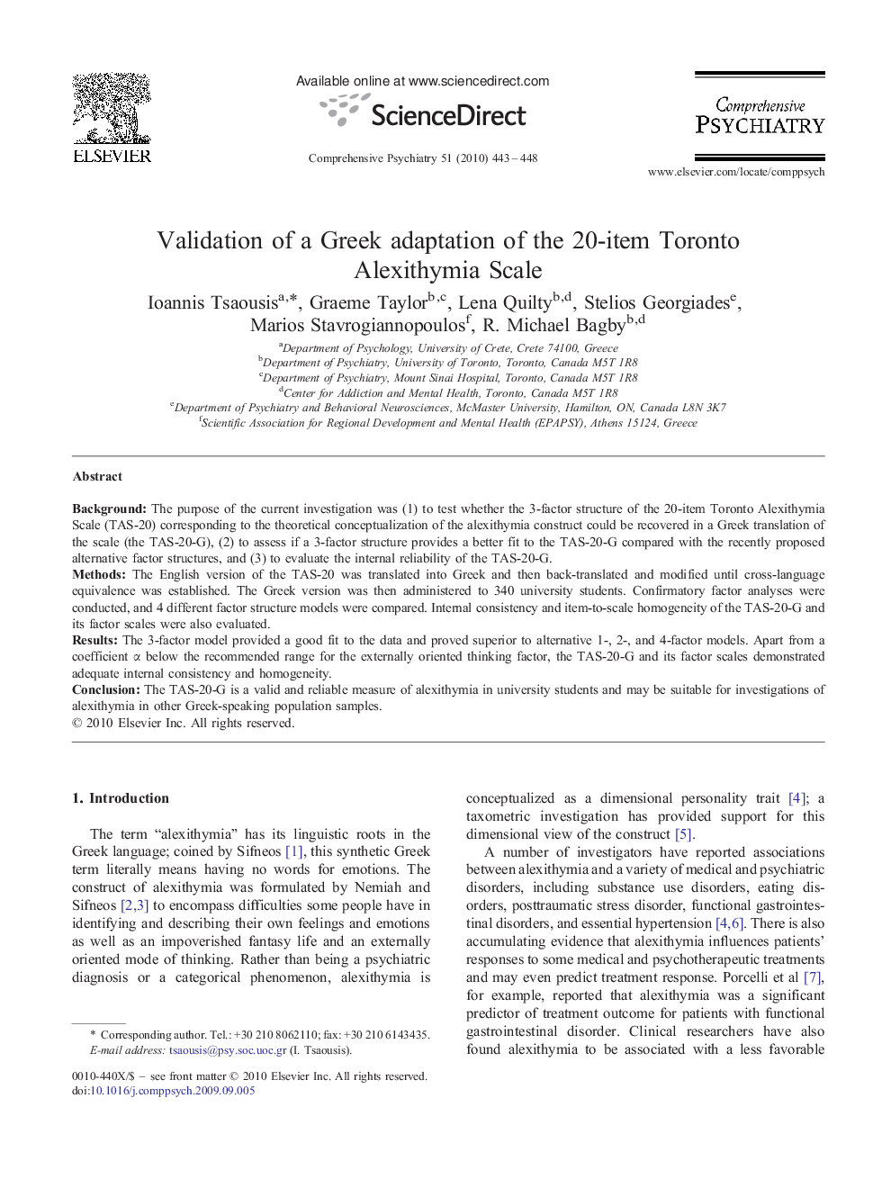 Validation of a Greek adaptation of the 20-item Toronto Alexithymia Scale