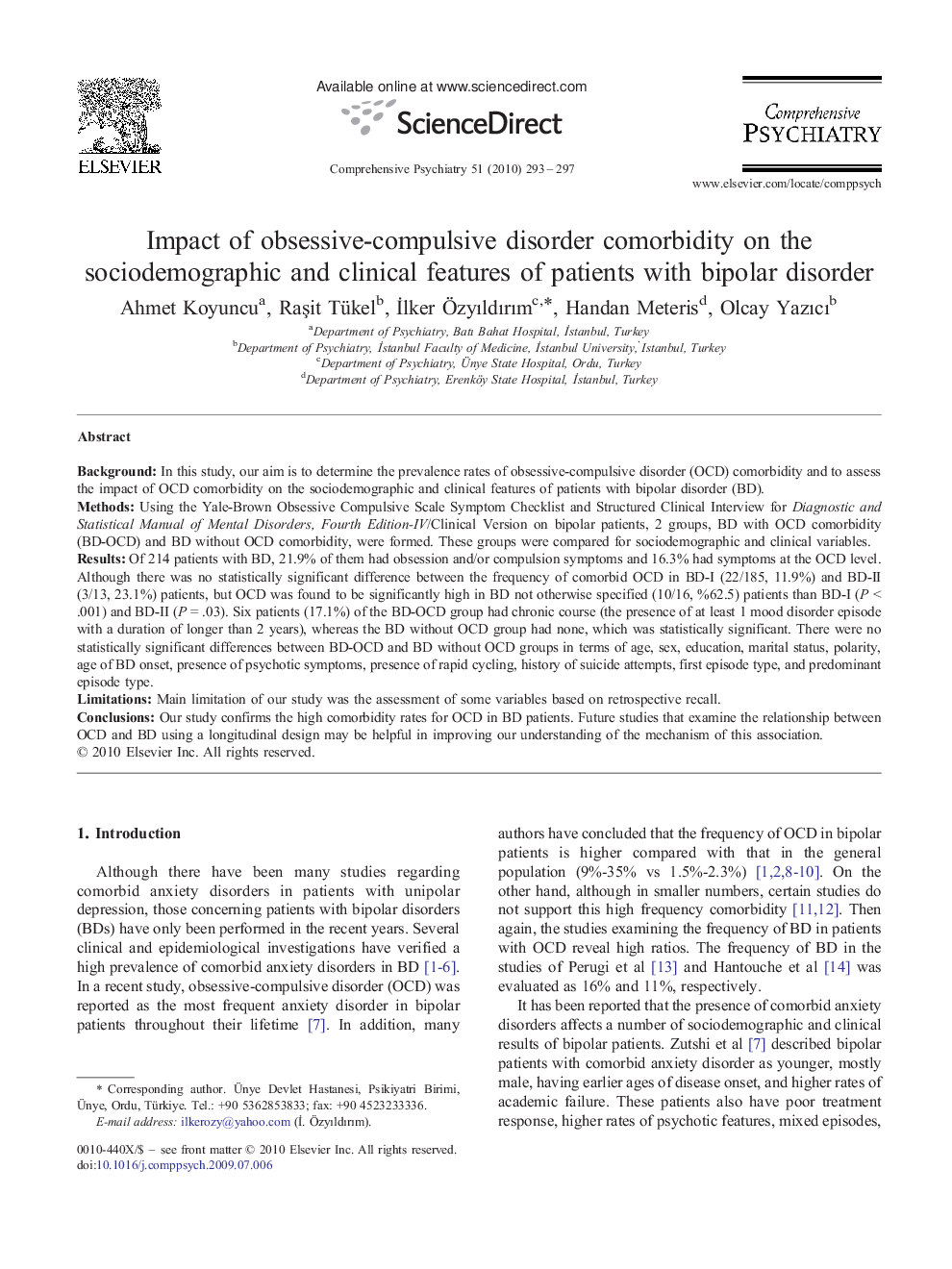 Impact of obsessive-compulsive disorder comorbidity on the sociodemographic and clinical features of patients with bipolar disorder