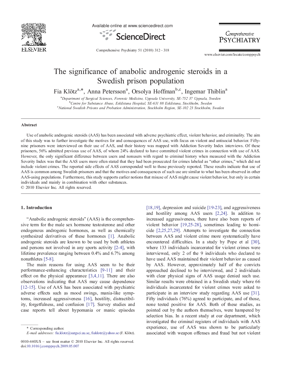 عکس صفحه اول مقاله: The significance of anabolic androgenic steroids in a Swedish prison population The significance of anabolic androgenic steroids in a Swedish prison population