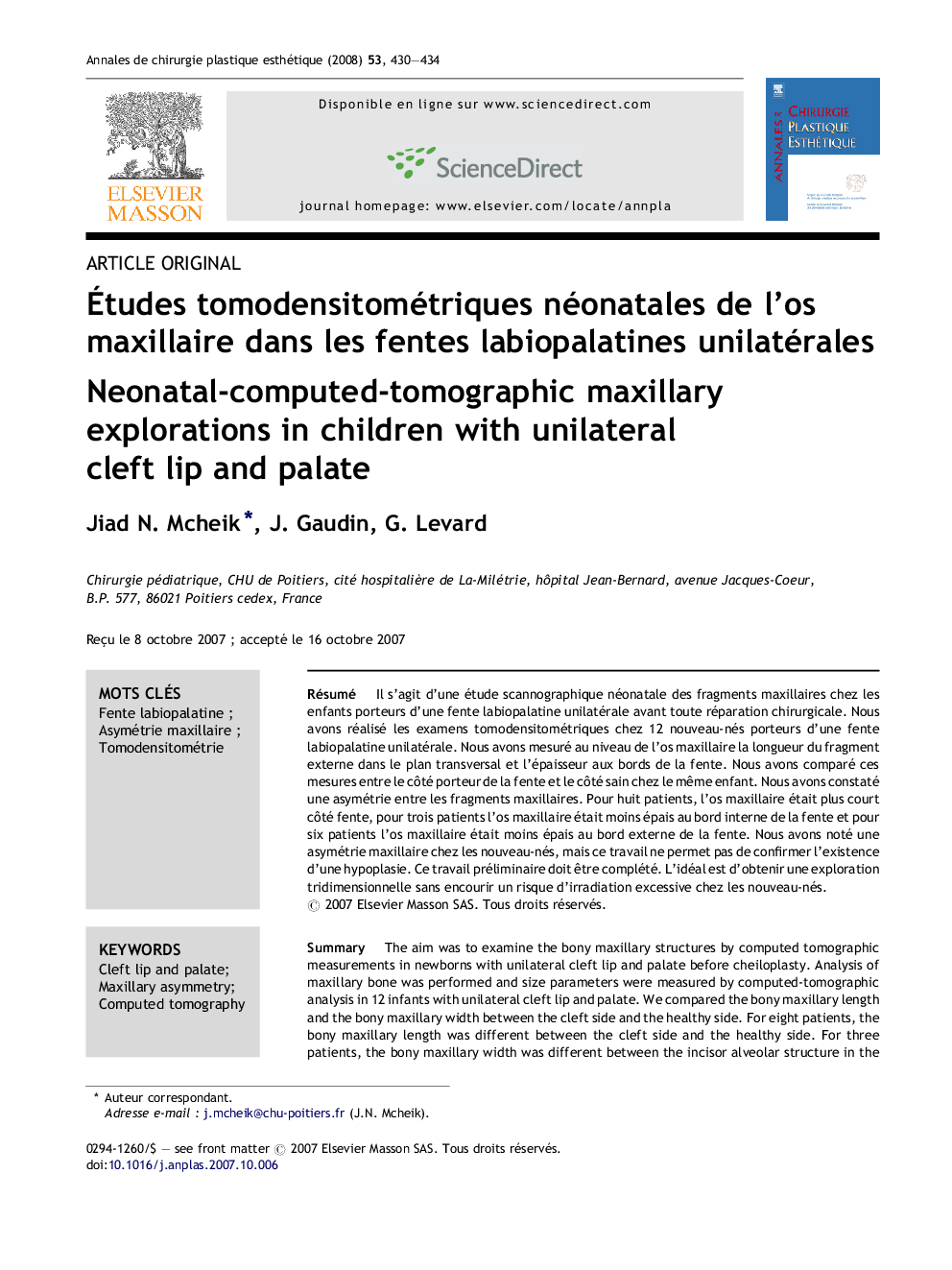 Ãtudes tomodensitométriques néonatales de l'os maxillaire dans les fentes labiopalatines unilatérales