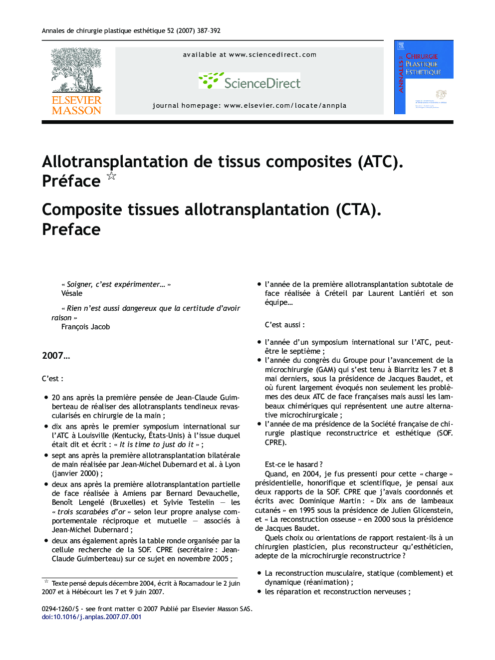 Allotransplantation deÂ tissus composites (ATC). Préface
