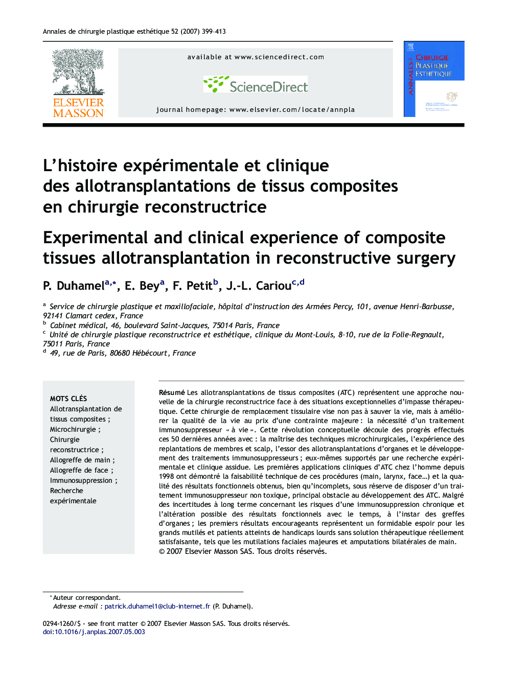 L'histoire expérimentale et clinique des allotransplantations de tissus composites en chirurgie reconstructrice
