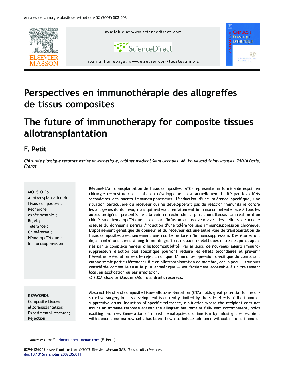 Perspectives en immunothérapie des allogreffes de tissus composites