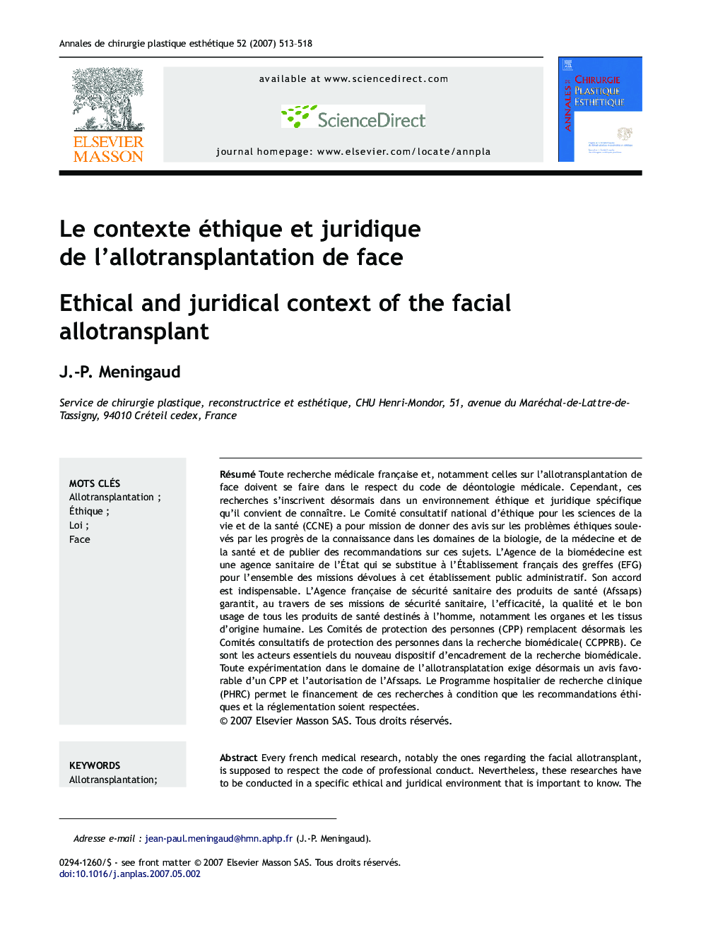 Le contexte éthique et juridique de l'allotransplantation de face