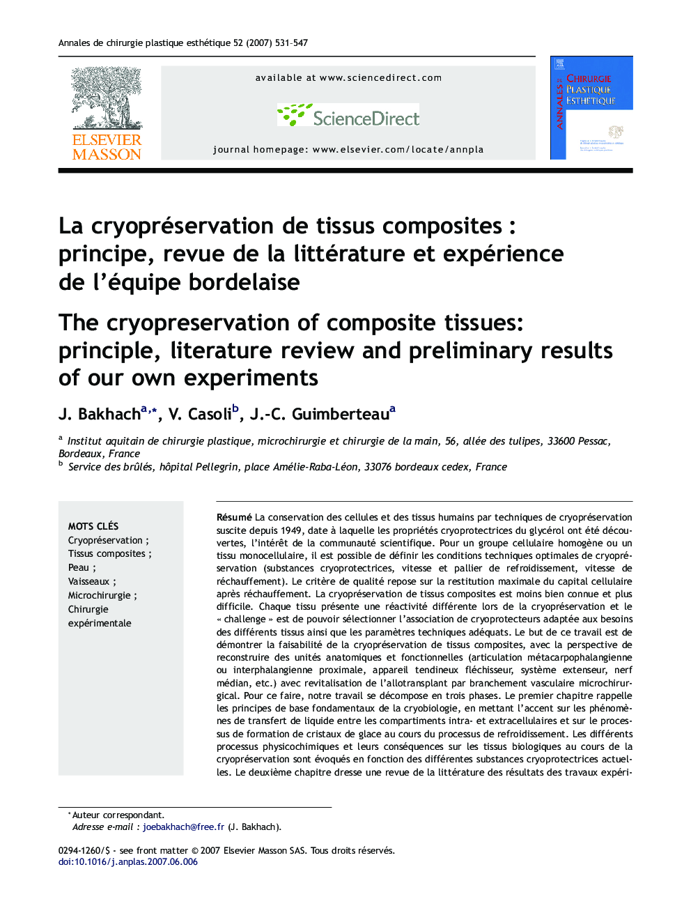 La cryopréservation de tissus composites : principe, revue de la littérature et expérience de l'équipe bordelaise