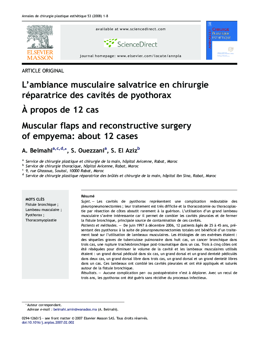 L'ambiance musculaire salvatrice en chirurgie réparatrice des cavités de pyothorax: À propos de 12 cas