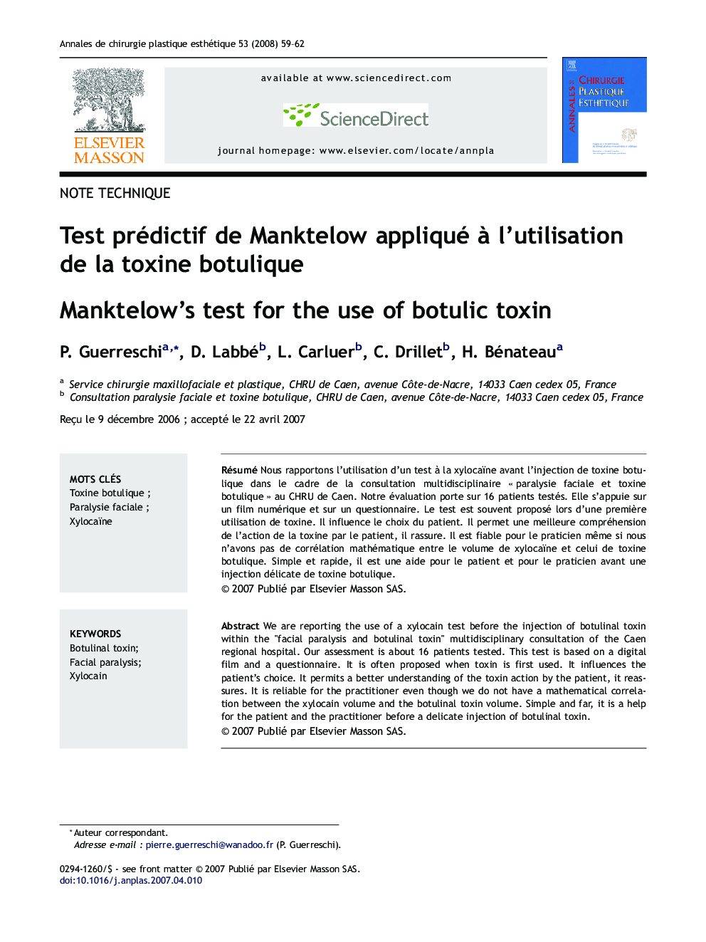 Test prédictif deÂ Manktelow appliqué Ã Â l'utilisation deÂ laÂ toxine botulique