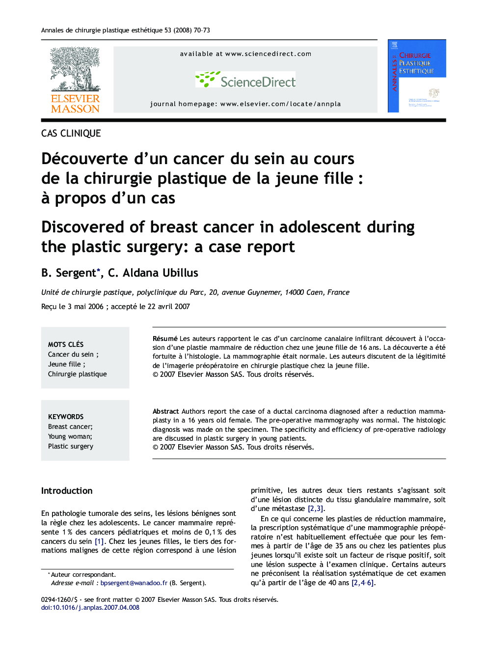 Découverte d'un cancer du sein au cours de la chirurgie plastique de la jeune fille : à propos d'un cas