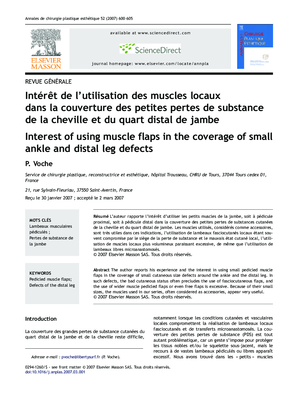 Intérêt de l'utilisation des muscles locaux dans la couverture des petites pertes de substance de la cheville et du quart distal de jambe