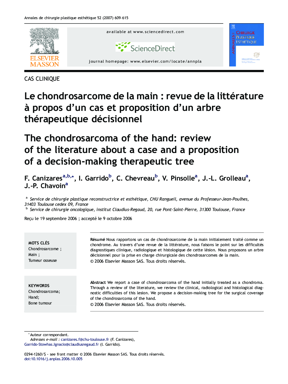 Le chondrosarcome de la main : revue de la littérature à propos d'un cas et proposition d'un arbre thérapeutique décisionnel
