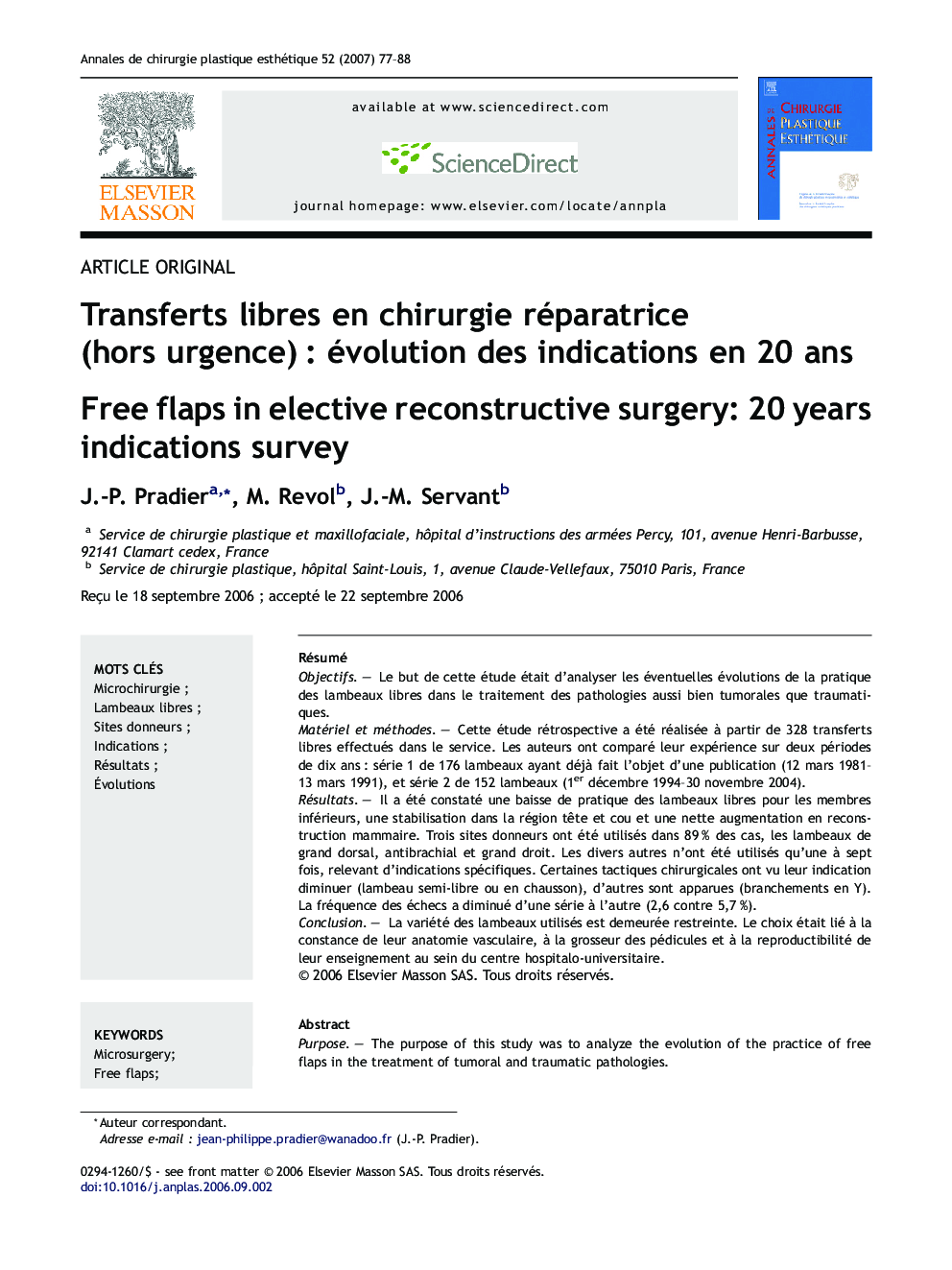 Transferts libres en chirurgie réparatrice (hors urgence) : évolution des indications en 20 ans