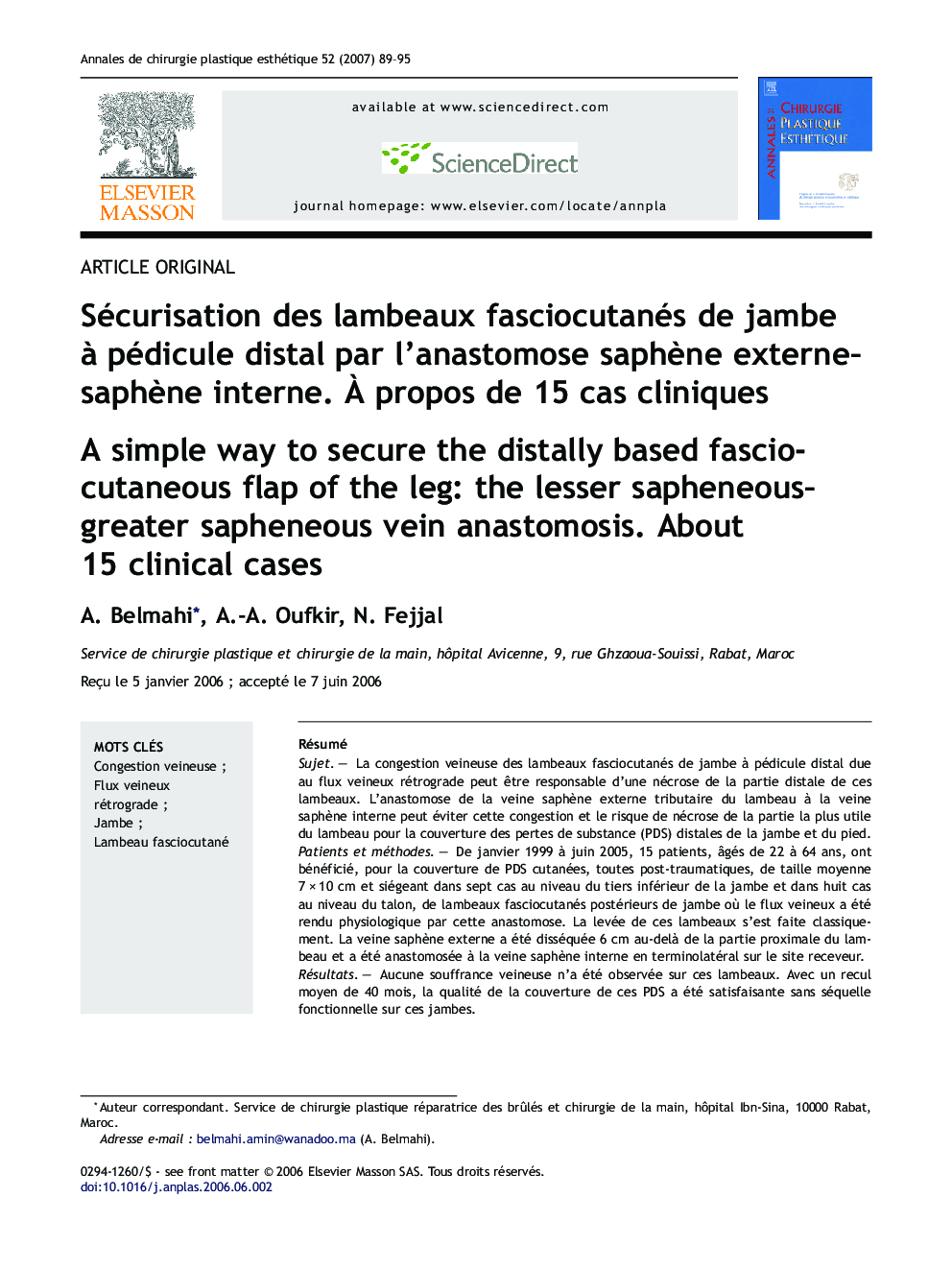 Sécurisation des lambeaux fasciocutanés de jambe à pédicule distal par l'anastomose saphène externe–saphène interne. À propos de 15 cas cliniques