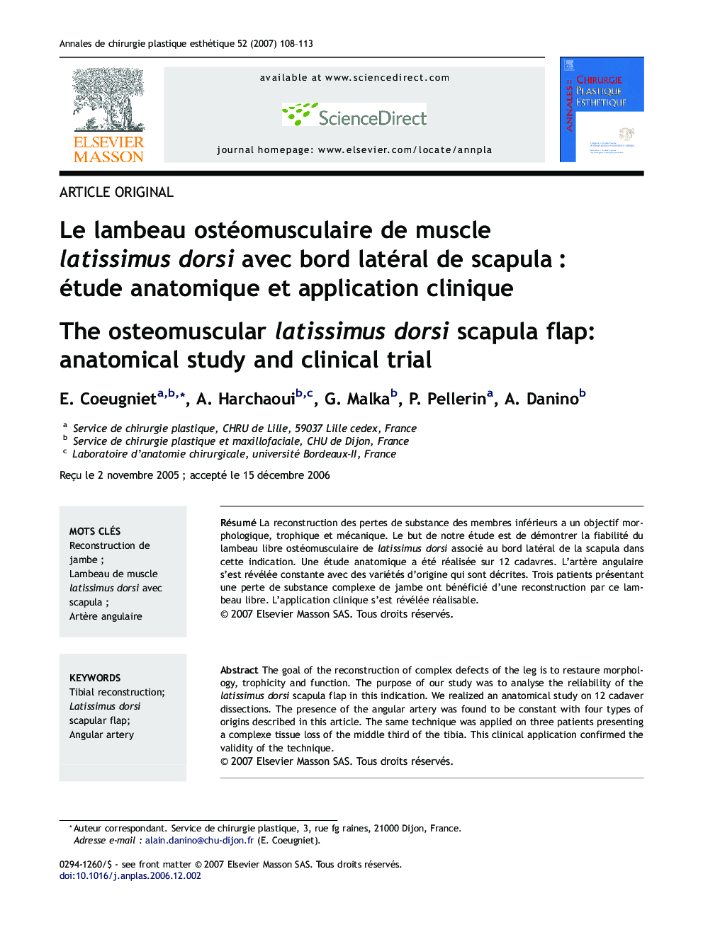 Le lambeau ostéomusculaire de muscle latissimus dorsi avec bord latéral de scapula : étude anatomique et application clinique