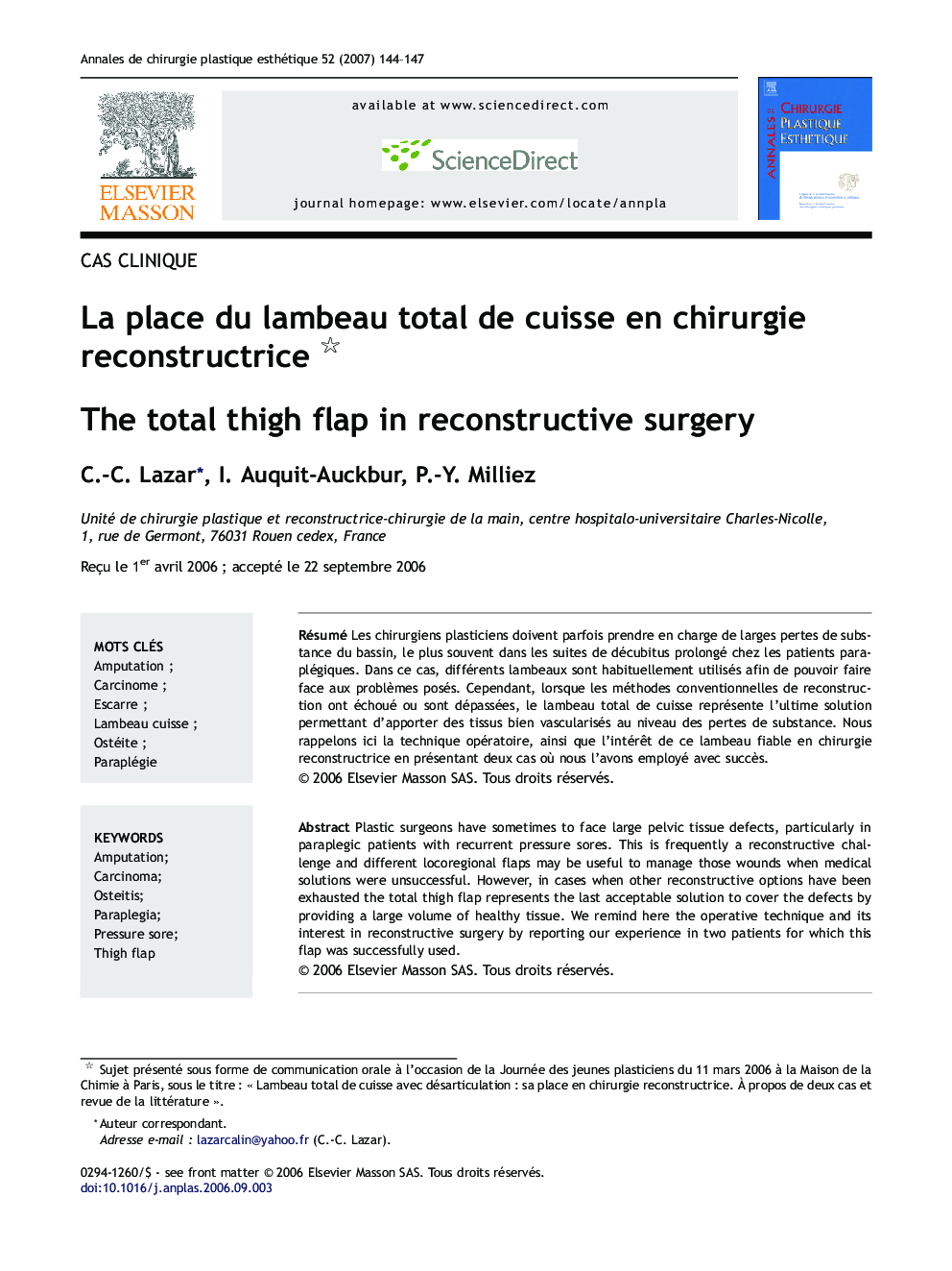 La place du lambeau total de cuisse en chirurgie reconstructrice 