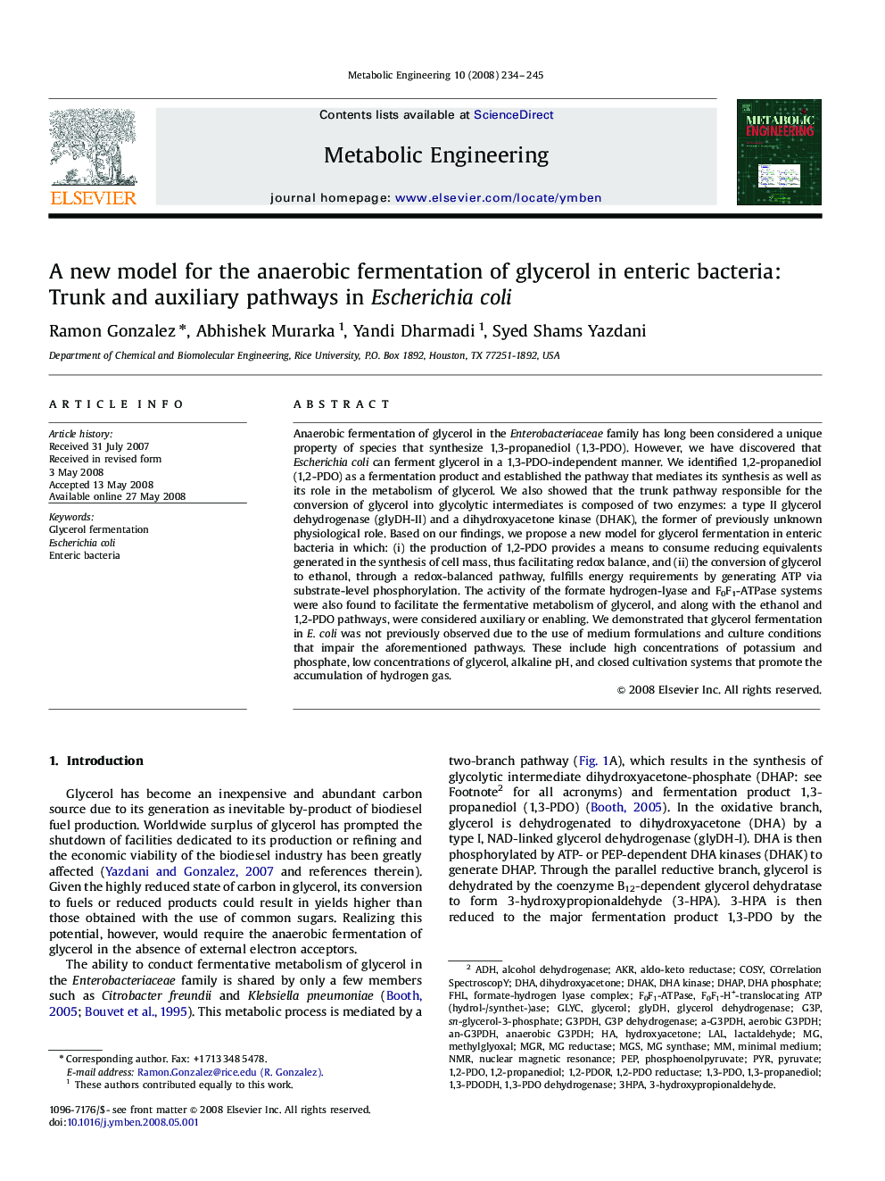 A new model for the anaerobic fermentation of glycerol in enteric bacteria: Trunk and auxiliary pathways in Escherichia coli