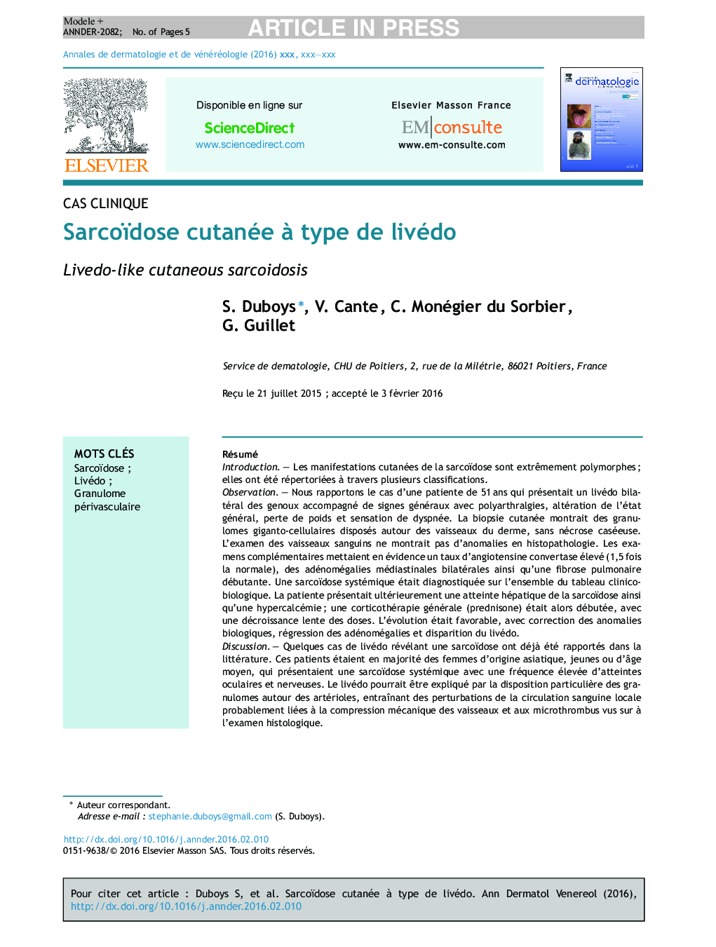 Sarcoïdose cutanée Ã  type de livédo