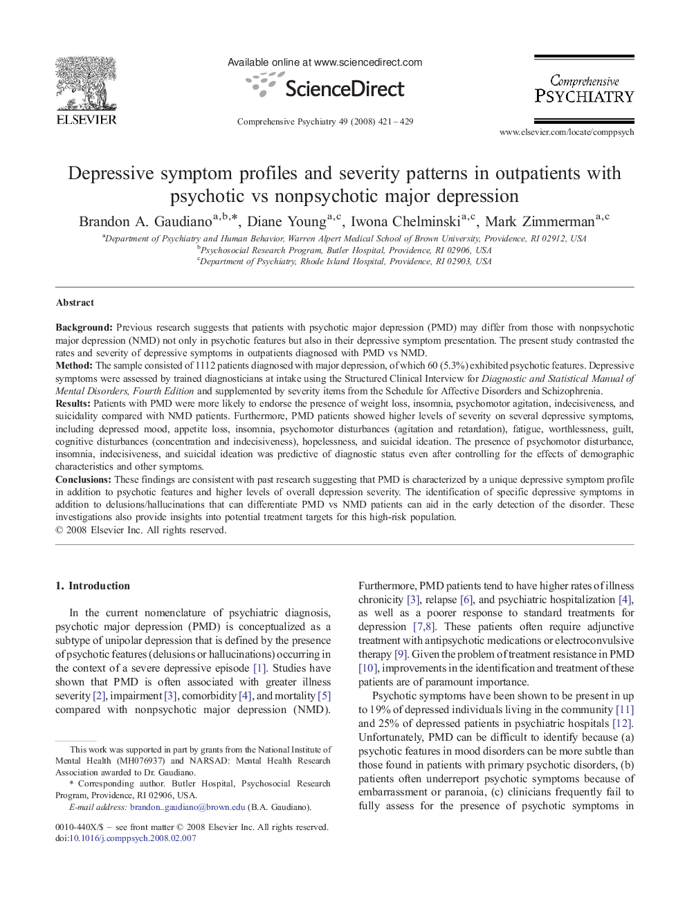 عکس صفحه اول مقاله: Depressive symptom profiles and severity patterns in outpatients with psychotic vs nonpsychotic major depression Depressive symptom profiles and severity patterns in outpatients with psychotic vs nonpsychotic major depression