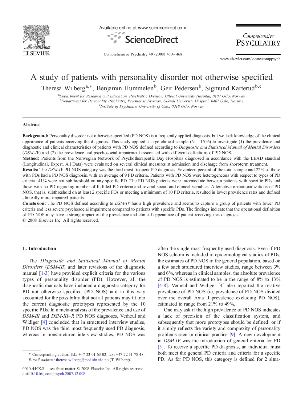 A study of patients with personality disorder not otherwise specified