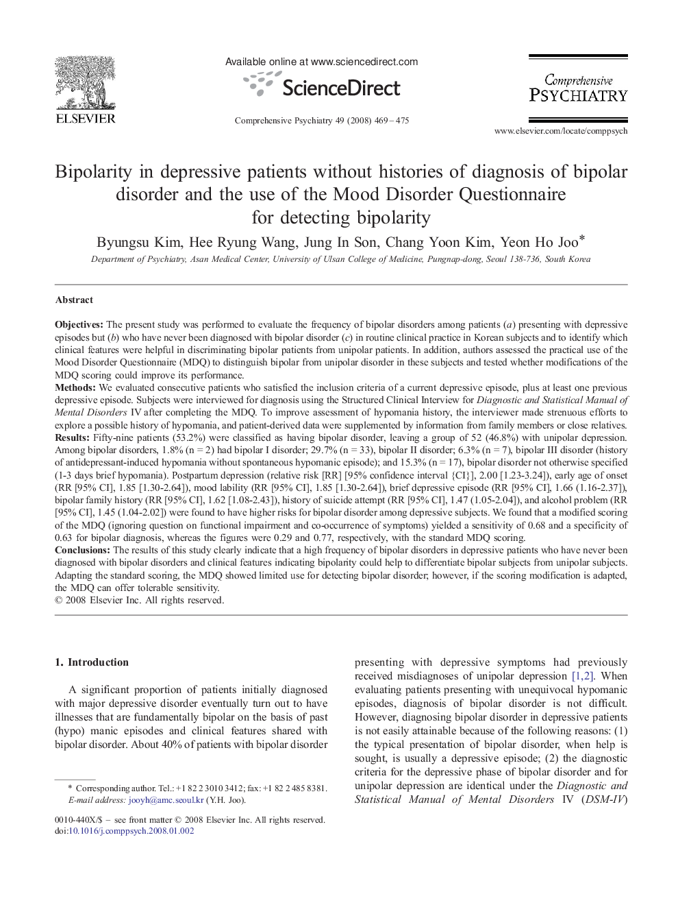 Bipolarity in depressive patients without histories of diagnosis of bipolar disorder and the use of the Mood Disorder Questionnaire for detecting bipolarity