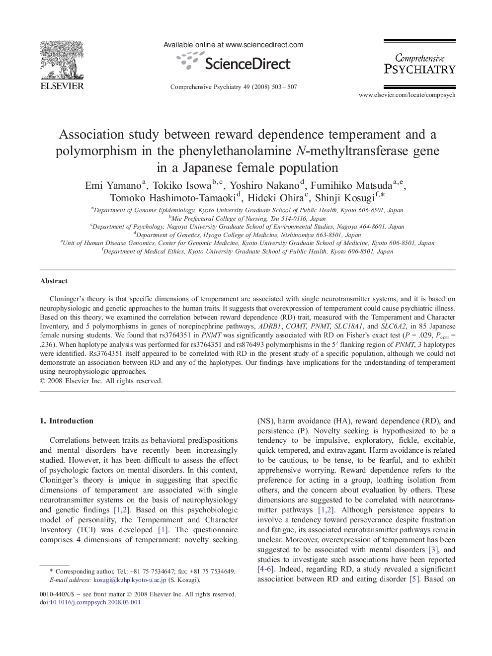 Association study between reward dependence temperament and a polymorphism in the phenylethanolamine N-methyltransferase gene in a Japanese female population