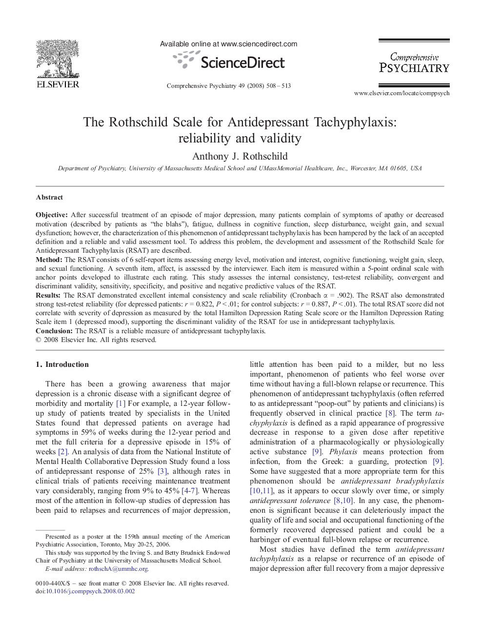 The Rothschild Scale for Antidepressant Tachyphylaxis: reliability and validity 