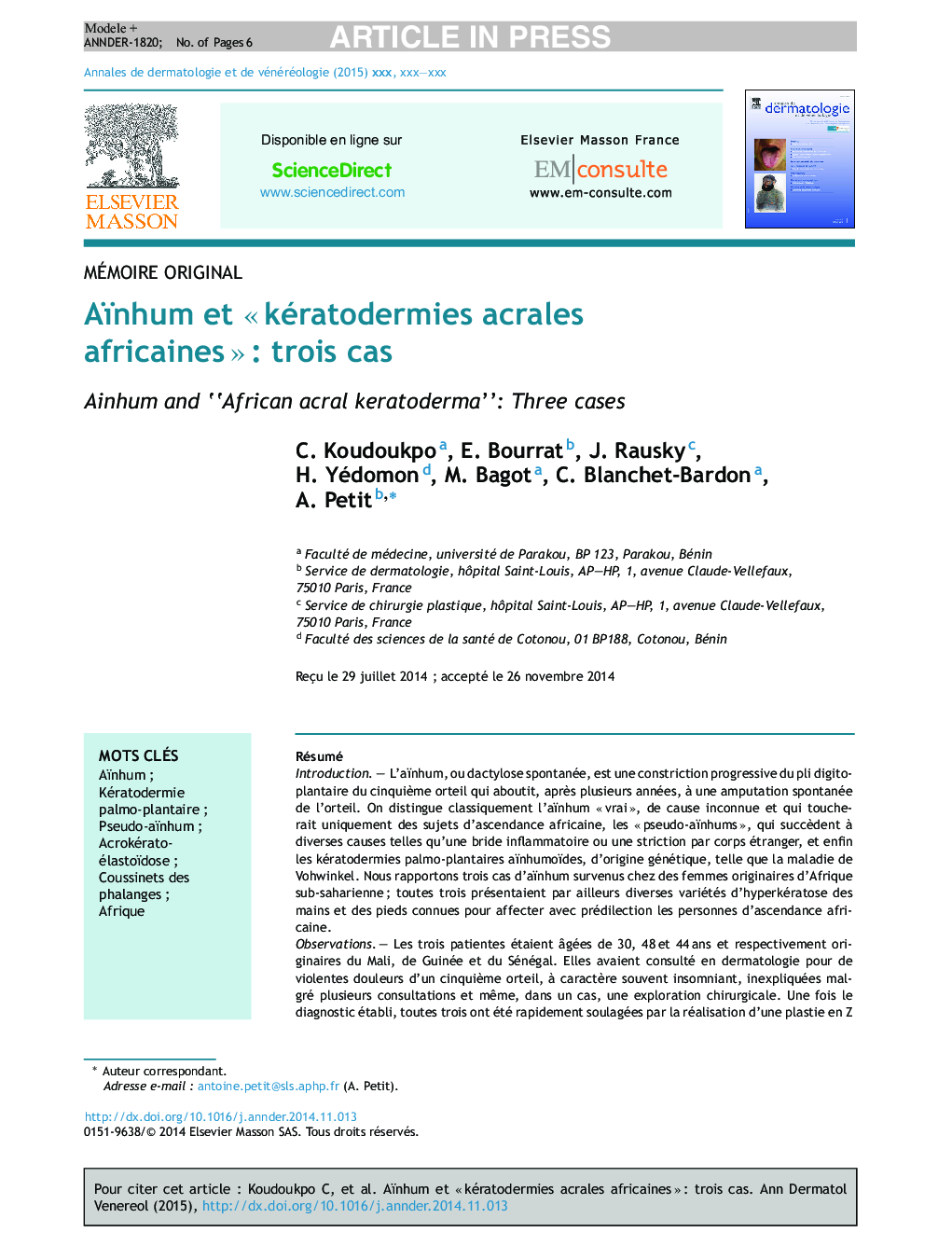 Aïnhum et Â«Â kératodermies acrales africainesÂ Â»Â : trois cas