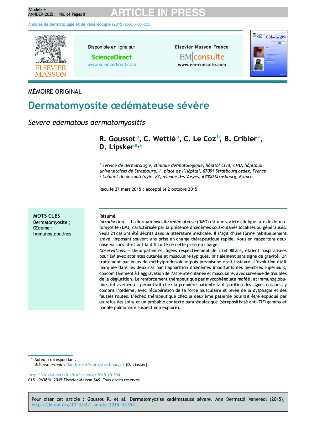 Dermatomyosite Ådémateuse sévÃ¨re