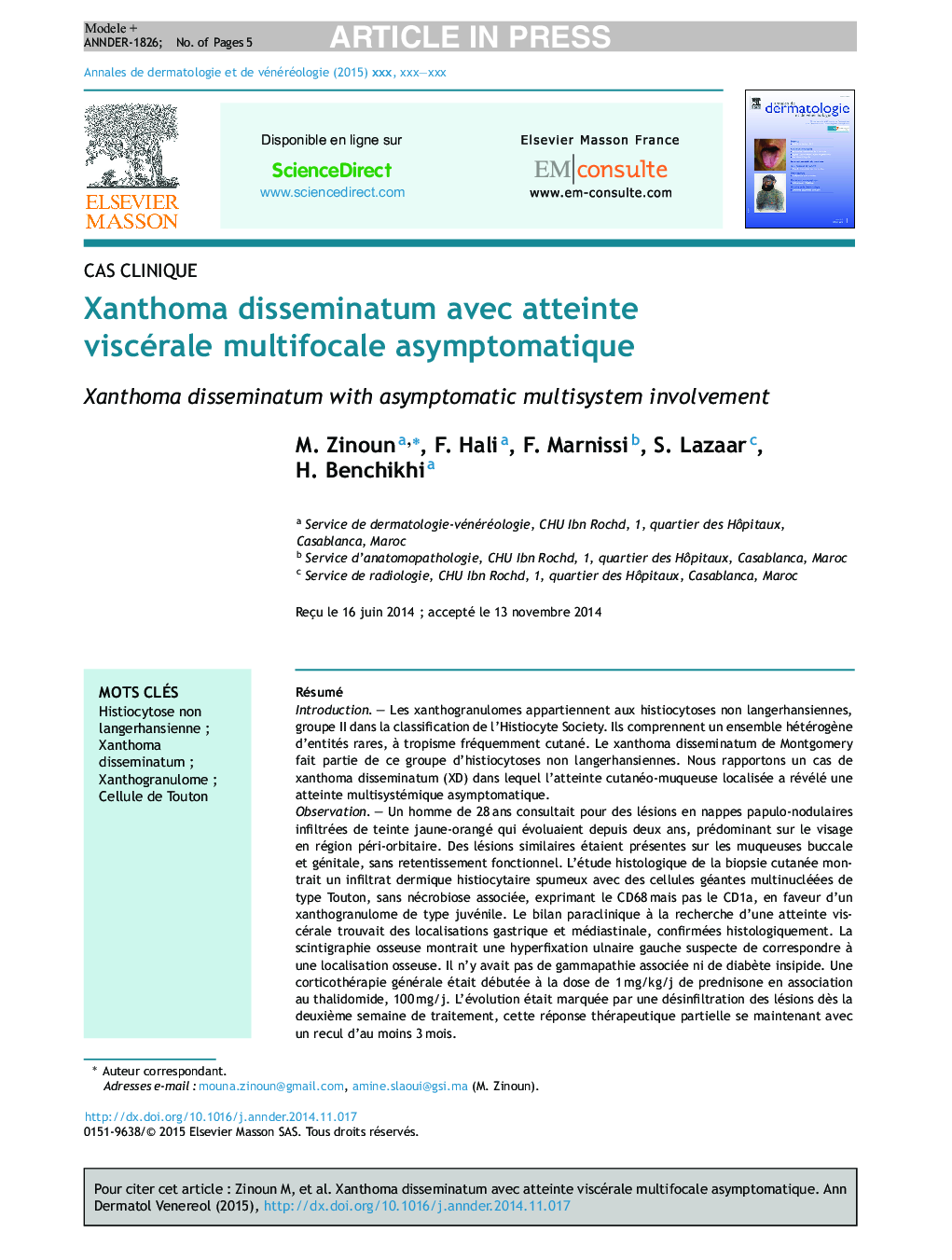 Xanthoma disseminatum avec atteinte viscérale multifocale asymptomatique