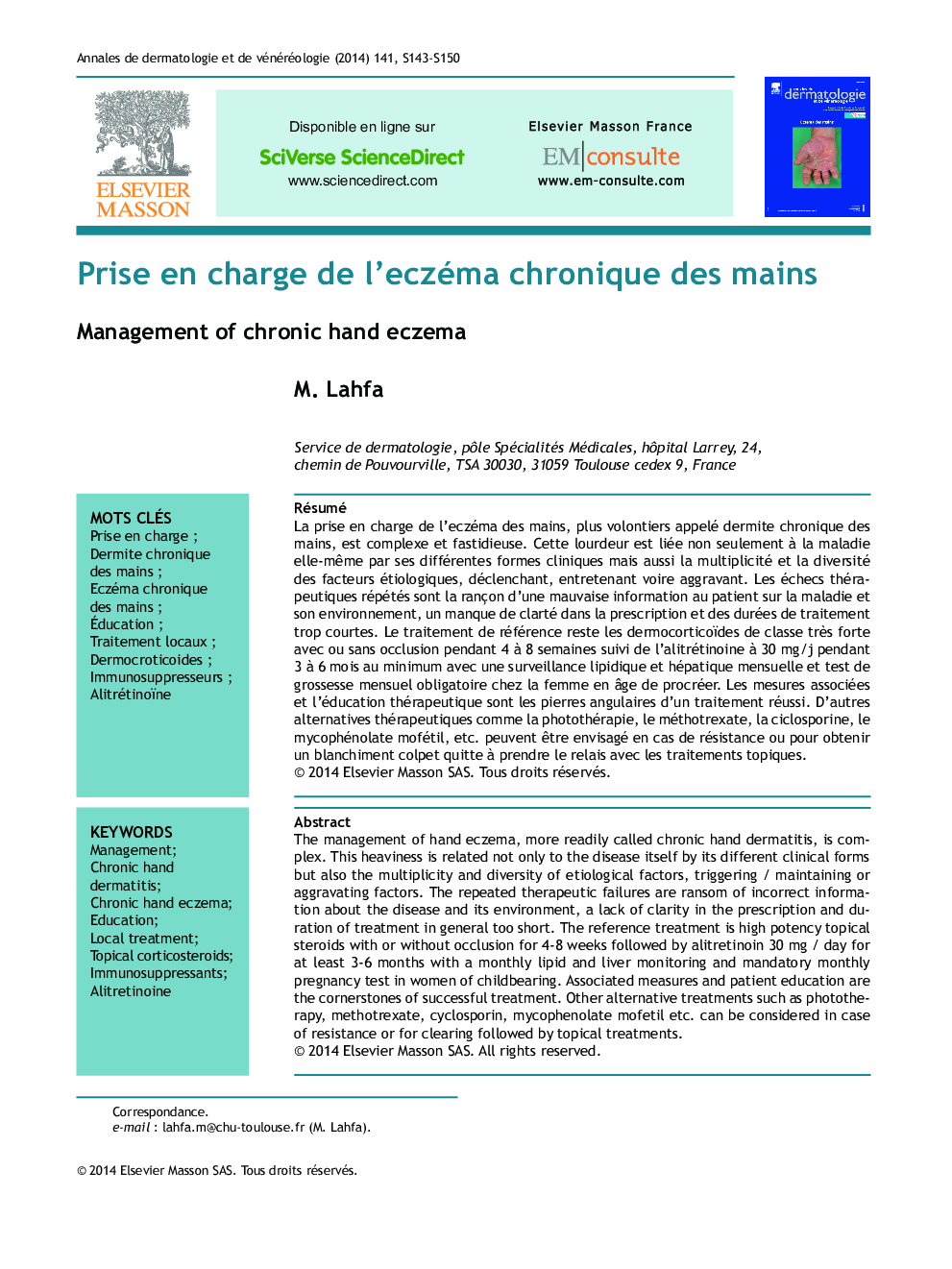 Prise en charge de l'eczéma chronique des mains