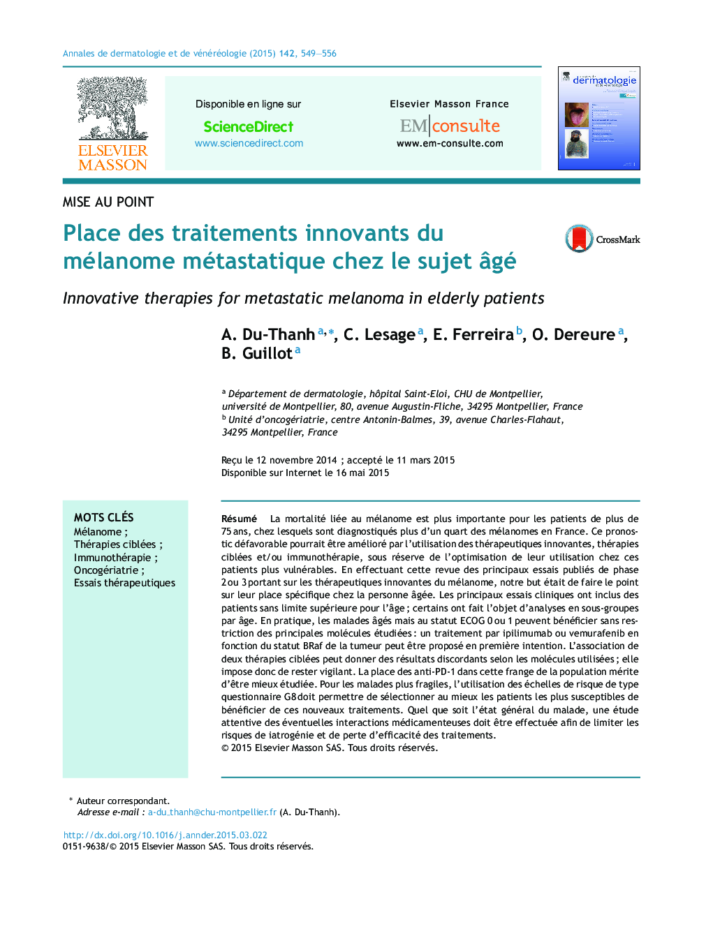 Place des traitements innovants du mélanome métastatique chez le sujet Ã¢gé