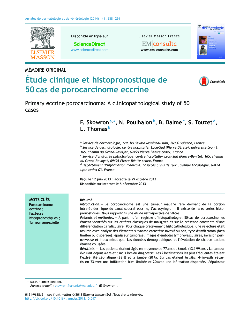 Ãtude clinique et histopronostique de 50Â cas de porocarcinome eccrine