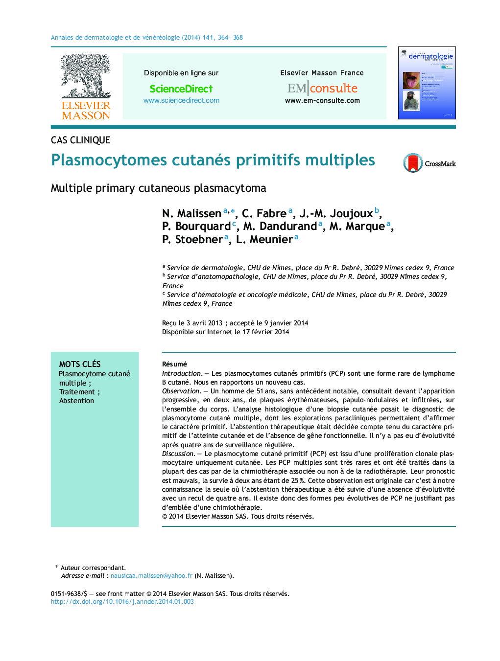 Plasmocytomes cutanés primitifs multiples