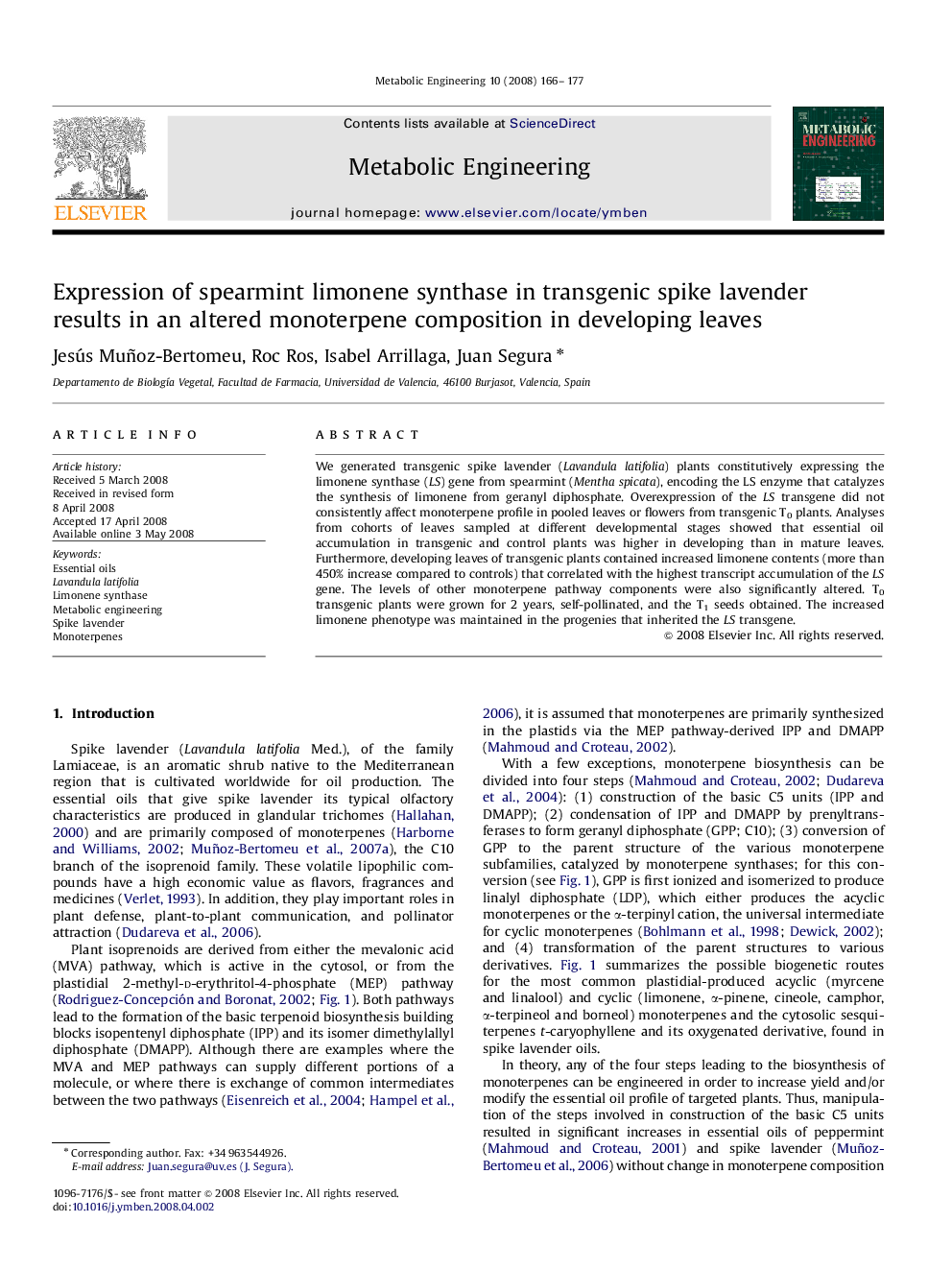 Expression of spearmint limonene synthase in transgenic spike lavender results in an altered monoterpene composition in developing leaves