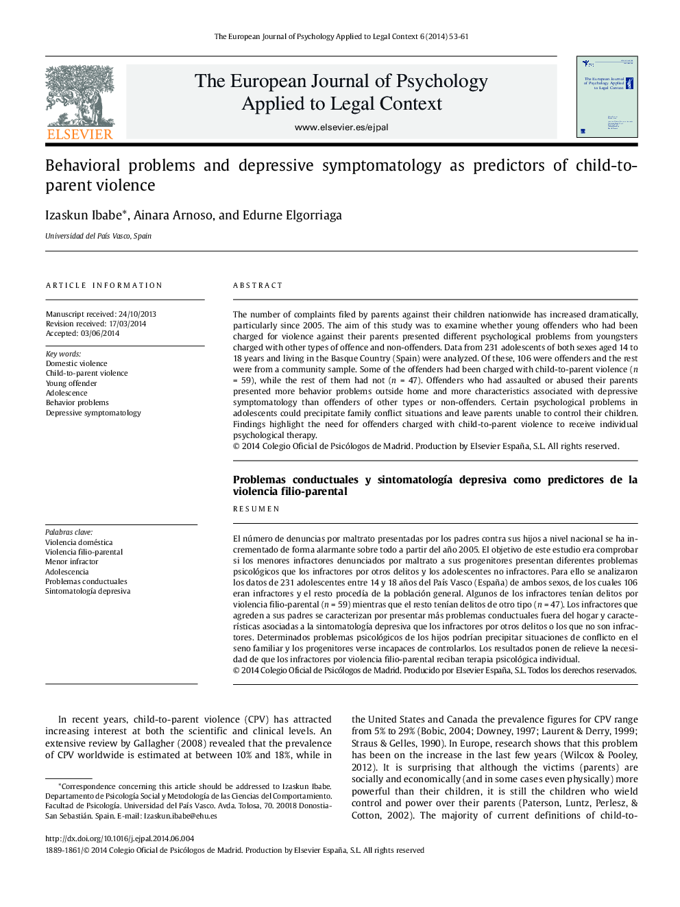Behavioral problems and depressive symptomatology as predictors of child-to-parent violence