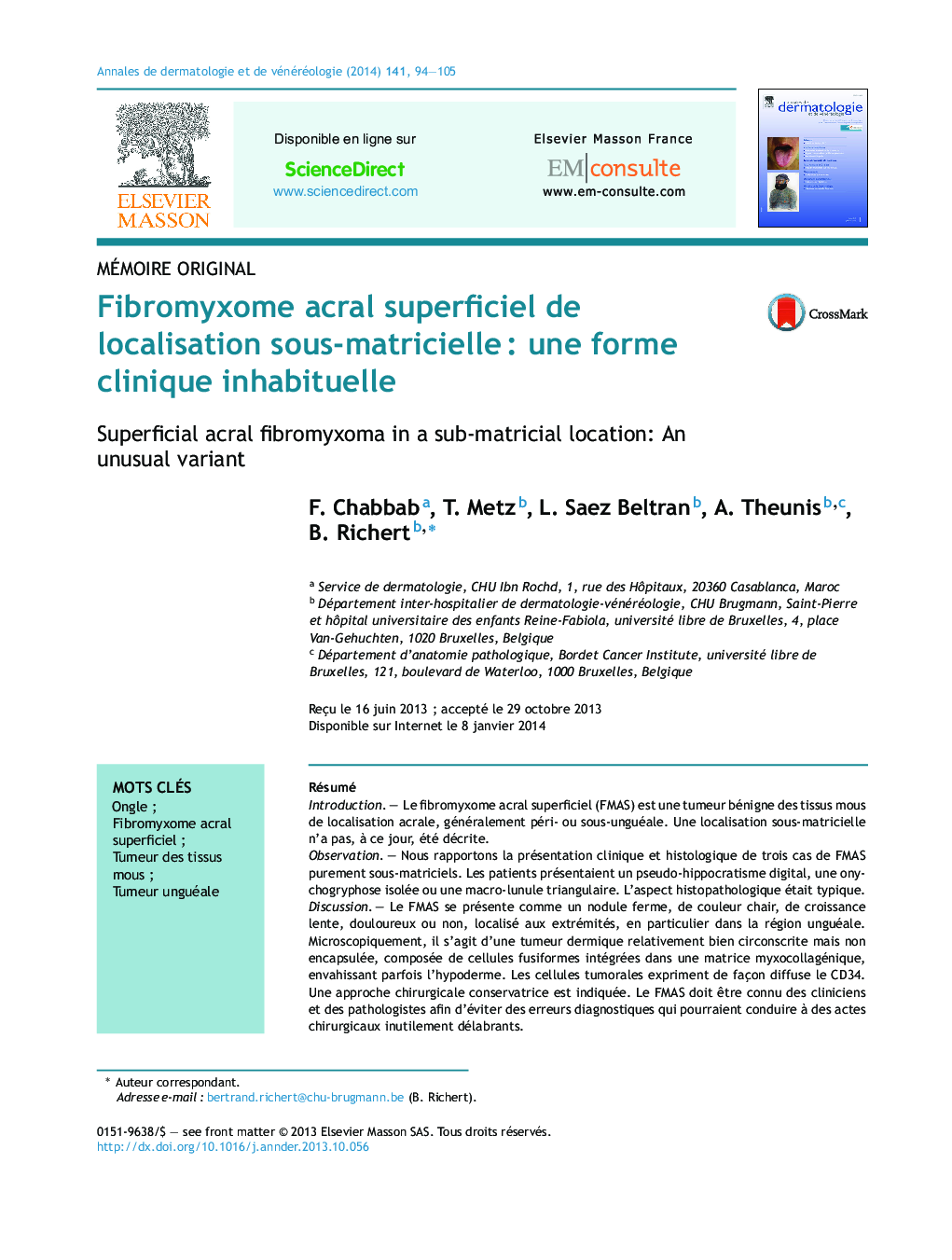 Fibromyxome acral superficiel de localisation sous-matricielleÂ : une forme clinique inhabituelle