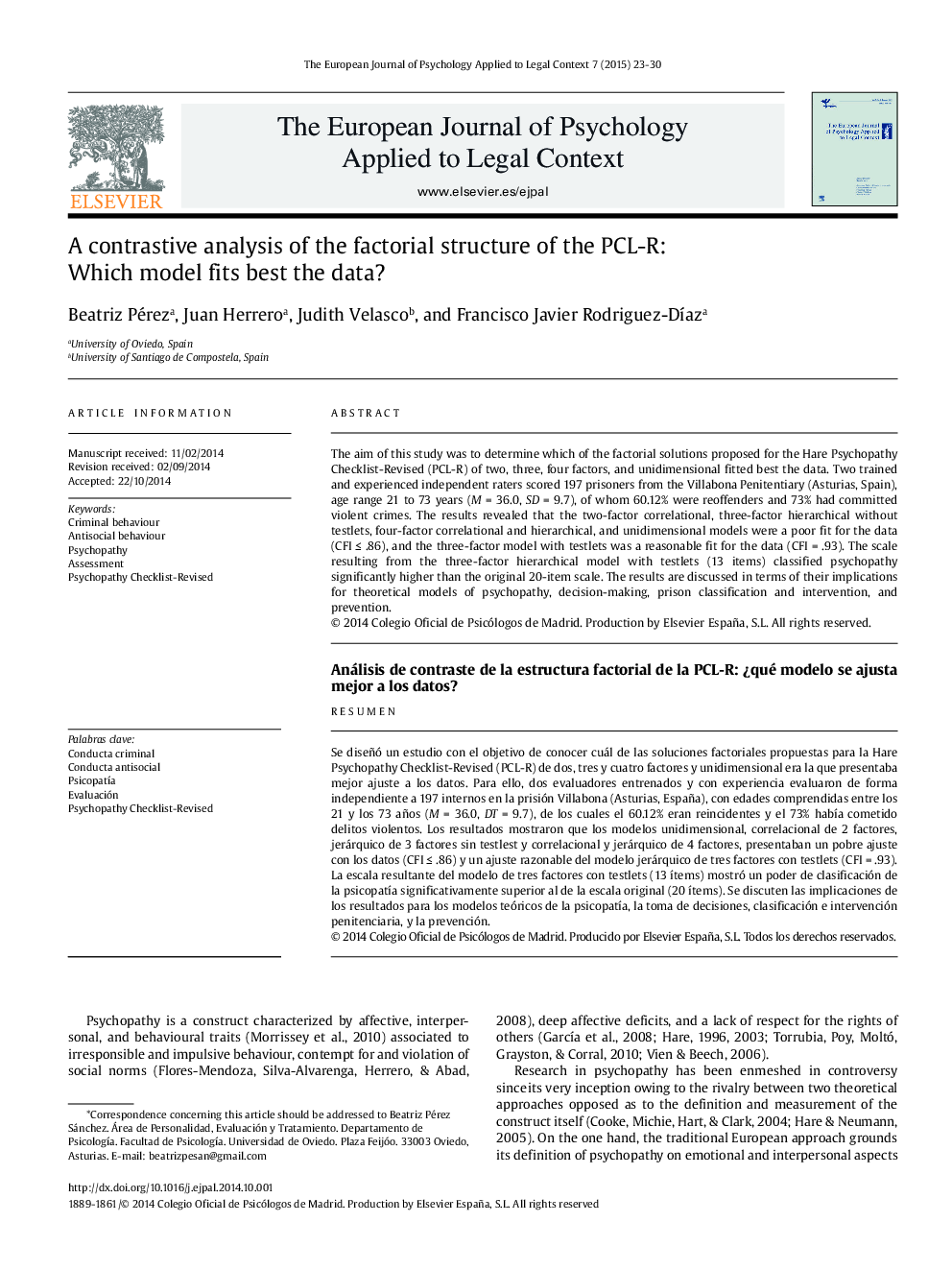 A contrastive analysis of the factorial structure of the PCL-R: Which model fits best the data?