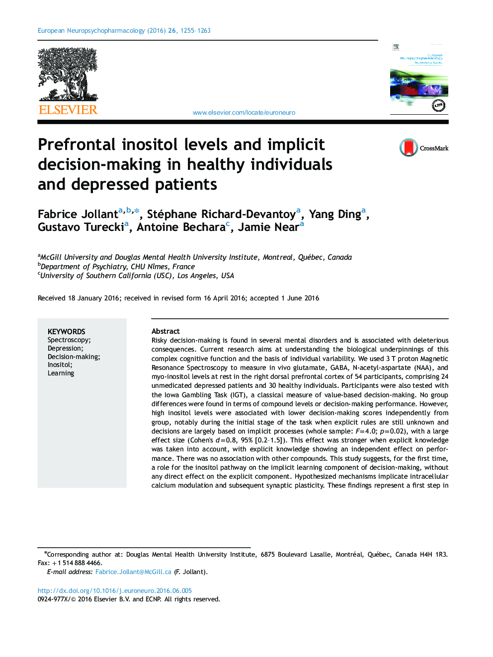 Prefrontal inositol levels and implicit decision-making in healthy individuals and depressed patients